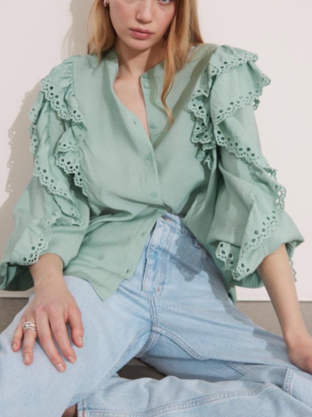 & Other Stories Mint Green Eyelet Ruffle Button Down Blouse EUC Size S